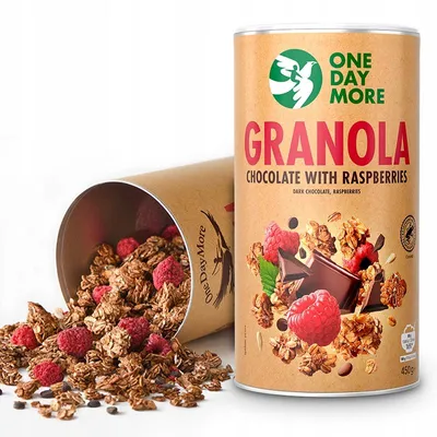 Produktbild von OneDayMore | Schoko Granola mit Himbeeren ohne Zuckerzusatz | knusprig mit Zartbitterschokolade, gefriergetrockneten Himbeeren 450 g