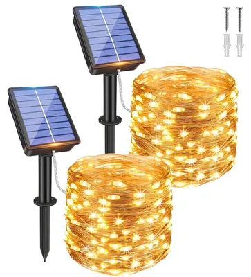 Solar-Lichtkette 20 m, 200 LEDs, warmweiß, 2 Stück, Kupferdraht