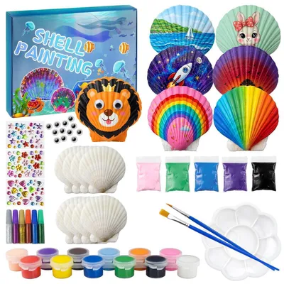 Immagine prodotto di Kit per bambini dai 3 anni in su per decorare conchiglie, a tema marino, con plastilina e pennarelli fluorescenti