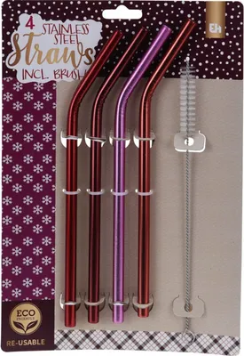 Zdjęcie produktu dla Zestaw 4 słomek i szczoteczki do czyszczenia Excellent Houseware, stal nierdzewna, 25 cm, czerwony/różowy