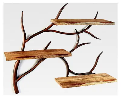 Produktbild von Wandregal Hängeregal Bücherregal - Astform - 3 Böden - 71x20x56 cm - Eisen und Holz