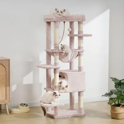 Immagine prodotto di Albero per gatti di grandi dimensioni, con cuccia e ampie piattaforme, dimensioni 50x50x153 cm, ideale per il gioco e il relax