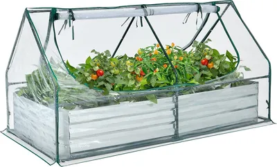 Produktbild von COSTWAY Vyvýšený záhon 2 v 1 se skleníkem, kovový truhlík na květiny, PVC fólie, záhon se dvěma okny, obdélníkový chladicí rám pro květiny, bylinky na zahradě, terase a balkoně, 180x90x91cm, stříbrná barva