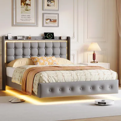 Obrázek produktu pro Postel s čalouněnou konstrukcí 140x200 cm s LED osvětlením, čelo s úložným prostorem, 2 USB porty a 1 port typu C, rošt, šedá barva, dvoulůžko bez matrace