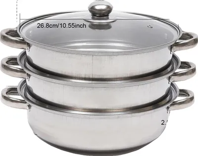 Image de Cuiseur vapeur, trois niveaux, acier inoxydable haut de gamme, 28 cm