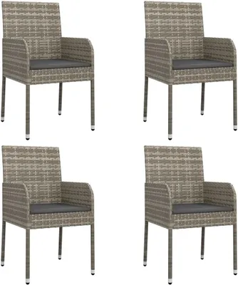 Produktbild von 4er-Set Gartenstühle aus grauem Poly-Rattan mit Kissen und pulverbeschichtetem Stahlrahmen, bis 110 kg pro Sitzplatz belastbar, für Garten und Terrasse
