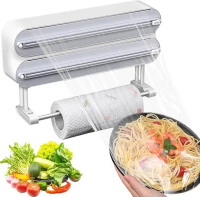 Image de Porte-rouleaux de cuisine avec distributeurs de film alimentaire pour 3 rouleaux - blanc