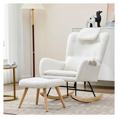Produktbild von Schaukelstuhl mit Hocker, Sessel mit Armlehnen, Relaxsessel aus Teddysamtstoff, moderner Relaxstuhl, bis 100 kg belastbar, für Wohnzimmer und Schlafzimmer