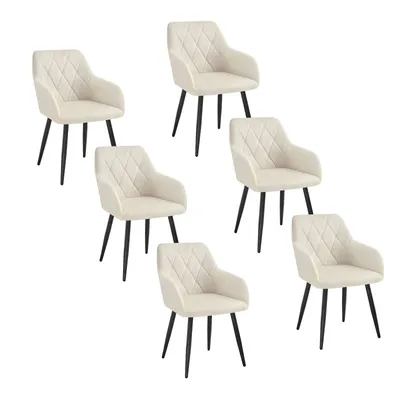 A set of six cream-colored dining chairs with diamond-stitched upholstery and black metal legs, arranged against a white background.