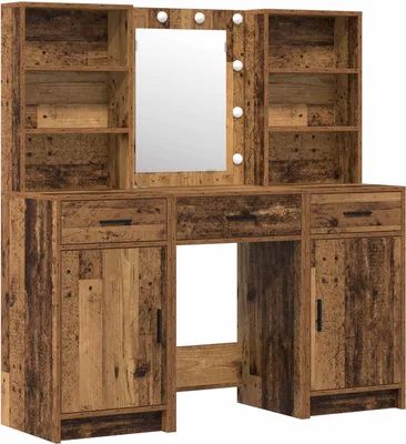 Image de Ensemble de table de maquillage avec LED 3 pcs Bois ancien