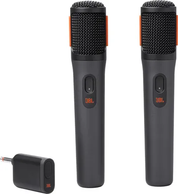 Two black JBL microphones and a small black receiver are arranged on a white background.