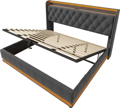 Produktbild von Flieks Polsterbett 180x200cm mit Ladefunktion (USB&Typ-c), Jugendbett Doppelbett Stauraumbett mit LED, Hydraulisches Boxspringbett, Leinen, Grau