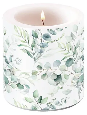 Produktbild von Kerze rund klein Eucalyptus All Over - Blätter vom Eukalyptus Ø7,5cm, Höhe 9cm