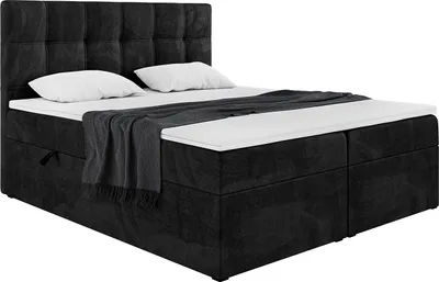 Produktbild von MEBLINI Boxspringbett mit Bettkasten - Gepolstert Doppelbett mit Matratze und Topper - Polsterbett mit Stauraum - Bett mit Kopfteil - Kai - 140x200 - H4/Schwarz Samt