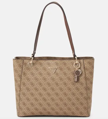 A brown Guess shopper tote bag with a repeating logo pattern and gold-toned hardware.