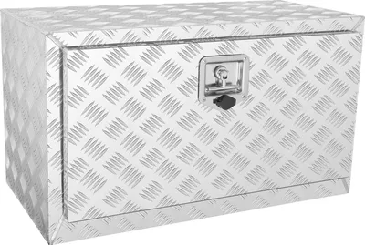 A silver aluminum diamond plate toolbox with a black latch and lock mechanism.
