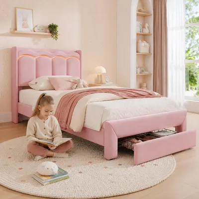 Obrázek produktu pro Dětská postel s polstrováním, rozměry 90 x 200 cm, s zásuvkou, úložným prostorem na čele, LED osvětlením ovládaným aplikací, vlnitým čelem, nosností až 220 kg, vhodná pro matrace do výšky 20 cm, barva růžová