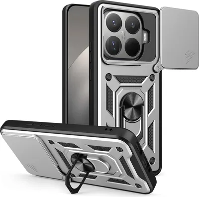 A silver and black phone case with a camera cover and ring holder is shown from two angles against a white background.