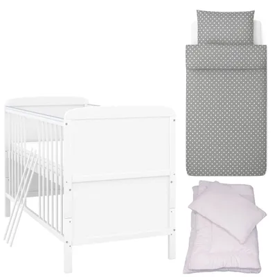 Produktbild von Baby-Delux Babybett Kinderbett Natalie Umbaubar 140x70 Weiß Bettset 4-Tlg Komplett Pünktchen Grau