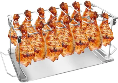 Produktbild von Hähnchenhalter - Edelstahl - Für 14 Hähnchenschenkel - für Grill und Backofen - Mit Fettauffangschale - Antihaftbeschichtet