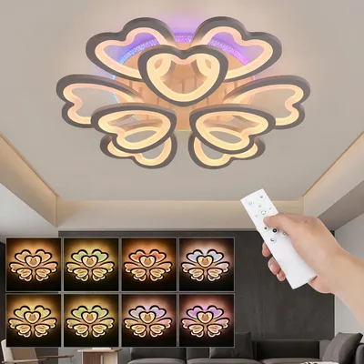 Immagine prodotto di Lampada da soffitto a LED a forma di cuore - Lampada da soffitto - 6+3 anelli - Cambio colore RGB - Dimmerabile - Con telecomando - 100 W - 69x69 cm - Bianco
