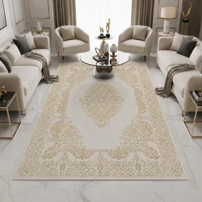 Produktbild von Teppich Creme Gold Muster pflegeleicht Größe - 160 x 230 cm