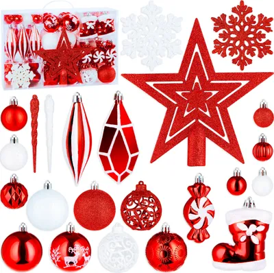 Produktbild von BRUBAKER 128-tlg. Christbaumschmuck - XXL Weihnachtskugel Set - Eiszapfen, Diamant Anhänger, Bonbon, Nikolaus Stiefel, Baumspitze Stern, Rot