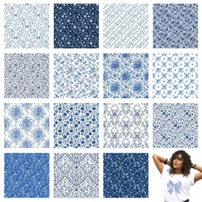 16 Bügelbilder mit blauen Blumenmotiven für Kleidung und Accessoires