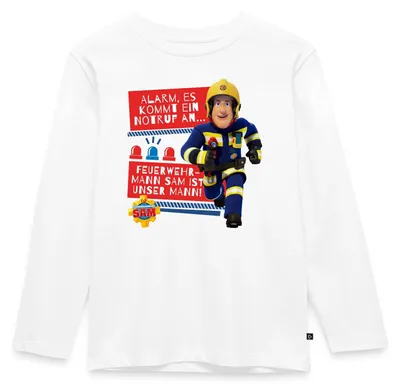 Produktbild von Spreadshirt Feuerwehrmann Sam™ Mit Text Vom Intro-Song Kinder Premium Langarmshirt, 122/128 (6 Jahre), Weiß