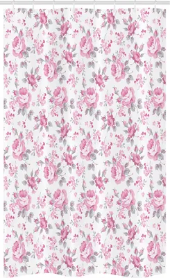 Image de ABAKUHAUS Rideau de douche étroit Shabby Chic, roses roses printemps, ensemble de décoration de salle de bain en tissu avec crochets, 120 x 180 cm, rose pâle blanc gris