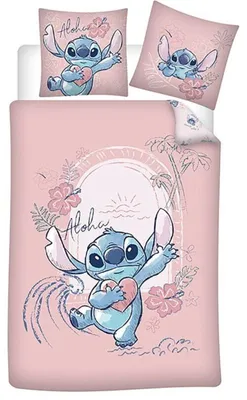 Produktbild von Lilo & Stitch Bettbezug, Aloha Rosa - 135 x 200 cm (deutsche Größe) - 80 x 80 cm - 100% Baumwolle