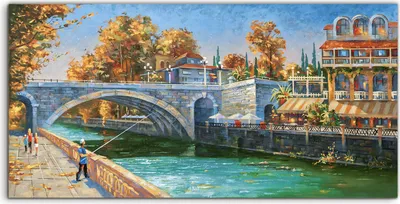 Produktbild von Coloray Glasbild 140x70  Wandbild Glasbilder Wand Kunst Bild Fischer Wasser Brücke