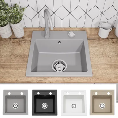 Produktbild von Faizee Home | Compact Granitspüle Grau 41 x 44 cm – Einbauspüle aus Granit für moderne Küchen | 170 mm Tiefe | Spülbecken für Unterschrank