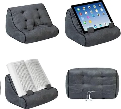 A collage of four images showing a gray fabric cushion used as a stand for a book and a tablet, and also as storage.