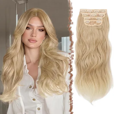 Image de Extensions à clip-on, 60 cm, 4 pièces, cheveux synthétiques ondulés, couleur blond "fraise"
