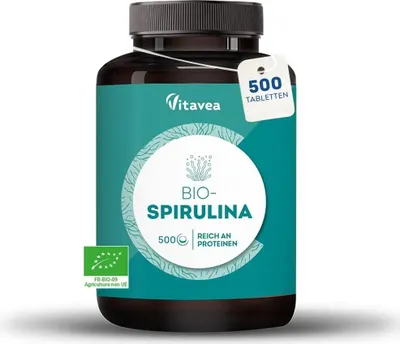 Obrázek produktu pro VITAVEA Super Spirulina– 500 tablet spiruliny po 500 mg – bohatá na bílkoviny, fykocyanin, železo, antioxidanty – bez přísad