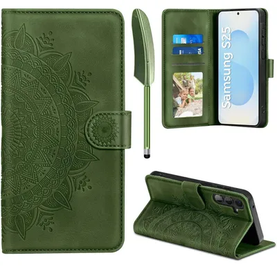 Image de Étui portefeuille pour Samsung Galaxy S25 5G, en cuir PU, vert herbe, avec porte-cartes et fonction support