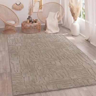 Produktbild von Teppich Wohnzimmer Hochflor Skandi Boho Geometrisch Abstrakt Uni Waschbar Taupe Grösse 200x280 cm