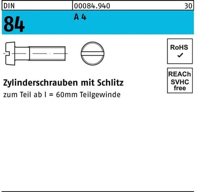 Produktbild von Reyher  Zyl.schr. m. Schlitz DIN 84 A 4 M 8 x 20 A 4 (50 Stück)