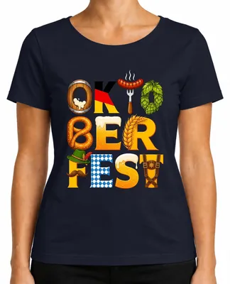 Productafbeelding van , Wiesn, Beieren, Bier, Pretzel, Traditioneel shirt, Dirndl, München, Dames T-shirt, Marineblauw, Maat M