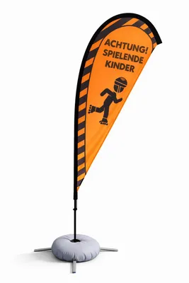 Produktbild von Friendly Fox Warnflagge Achtung Spielende Kinder 230 cm großes Warnschild | Sicherheitsflagge inkl. Tasche & befüllbares Standgewicht