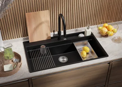 Produktbild von PRIMAGRAN Spülbecken Schwarz 88x53cm, Granitspüle 1 Becken + Ablauf-Set + Küchenzubehörset, Küchenspüle ab 90er Unterschrank - Oslo Pocket