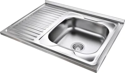 A stainless steel kitchen sink with a draining board.