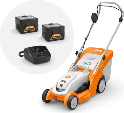 A Stihl battery-powered lawnmower with two batteries and a charger displayed.