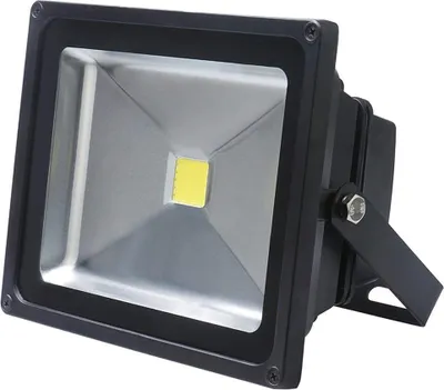 A black LED floodlight with a silver reflector and a yellow LED light source, shown from a slightly angled front view on a white background.