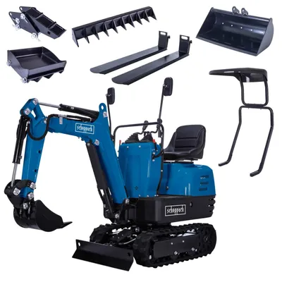 Produktbild von Scheppach Benzin Mini-Bagger EXC815 XXL Set - inklusive Haltekralle, Baggerdaumen, Böschungslöffel, Baggerrechen, Palettengabel und Baggerdach