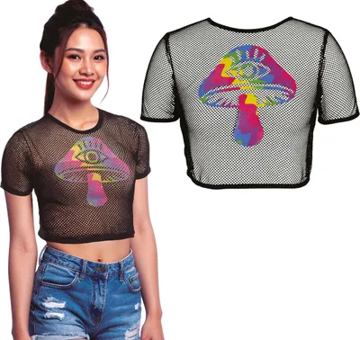 Produktbild von Festival Pilz Netzshirt Magisches Karnevalstop Farbenfrohes Design Mystisch Anspruchsvolle Mesh-Textur Stilvolles Funktionsshirt Uni Trend Kombiniert, Größe: 42 - 44 (L) Farbe: Mehrfarbig