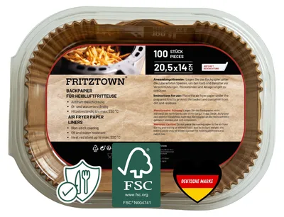 Produktbild von FRITZTOWN® Air Fryer Papier – 100 Stück, 20,5x14 cm Rechteckig | Antihaft Backpapier für Heißluftfritteusen | Kompatibel mit Ninja COSORI Philips Cecotec Midea Russell Hobbs XL XXL Airfryer