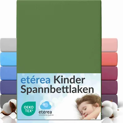 A stack of folded fitted sheets in various colors, with the main product in green, and a sleeping child in the lower right corner.