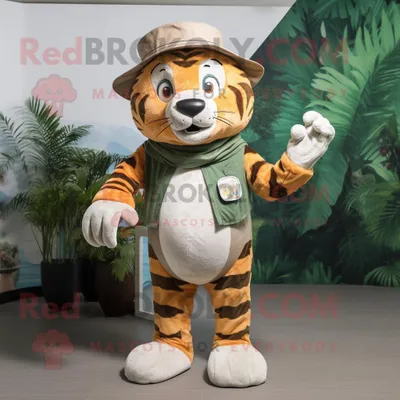 Produktbild von Maskottchen REDBROKOLY Kostümfigur Oliver Tiger bekleidet mit Badebekleidung und Hutnadeln